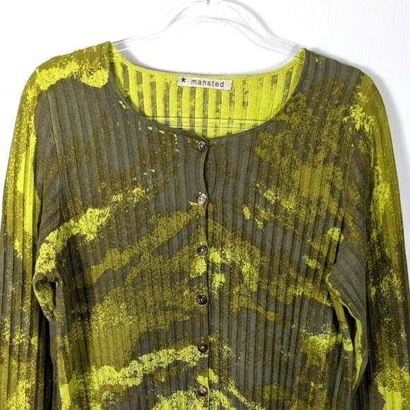 Mansted Rib Knit Long Cardigan or Sweater Dress Green Abstract Print Cotton M - Picture 3 of 9